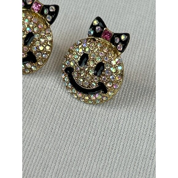 Smiley Face Rhinestone Stud Earrings Black Hair Bow Gold Tone - Picture 4 of 7